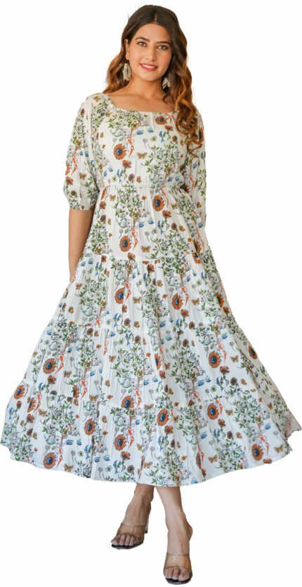 Yash Gallery Women's Rayon Floral Printed Tiered Style Maxi Dress