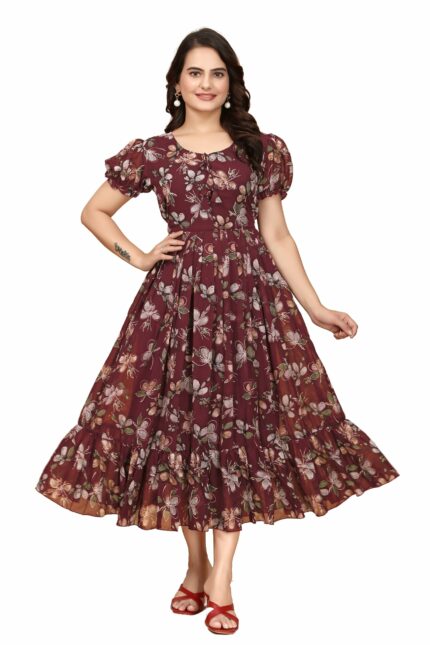 Women's Georgette Dresses Floral Printed One Piece Stylish Long Maxi Western Frock Midi Dress for Women (Puffed Sleeves)