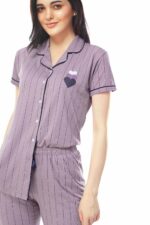 ZEYO Women's Cotton Strip Printed Night Suit Set of Shirt & Pyjama 5261 - Image 2
