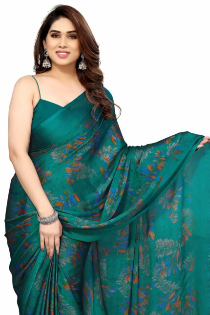 MIRCHI FASHION Women's Stylish Chiffon Leaf Printed Saree with Blouse Piece