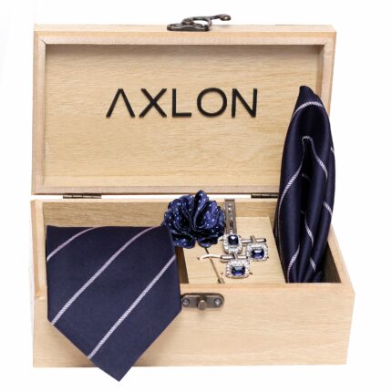 Axlon Men's Micro Polyester Micro Fabric Necktie Set with Pocket Square, Brooch Pin and Cufflinks Gift Box (Dark Navy Blue, Free Size)