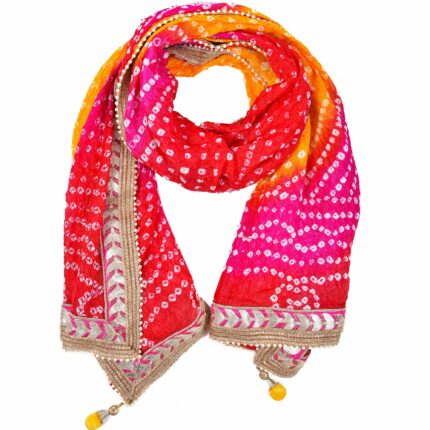 PK HUB Women's Silk Jaipuri Rajasthani Bandhani Bandhej Heavy Dupatta with Gota Work and Latkan