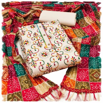 Sidhidata Women's Poly Cotton Embroidery Work Unstitched Salwar Suit Dress Material With Bandhej/Bandhani Print Dupatta (Free Size)