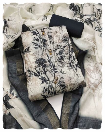 Peachmode White Floral Printed Linen Dress Material | Unstitched Suit Set with Santoon Bottom & Linen Dupatta for Women