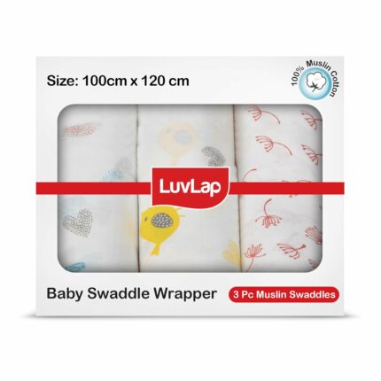 LuvLap 100% Cotton Muslin Baby Swaddle Set, Pack of 3, Size-120cm x 100cm (47"x39"), Hearts Birds Printed on White, 0-18 Month+, Printed Mulmul Muslin Swaddle Wrap for New Born Baby, Baby Towel