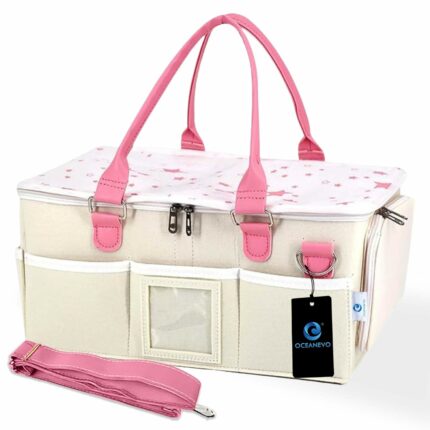 OCEANEVO Cute Felt Diaper Caddy Organizer Bag with Lid and Removable Shoulder Strap, Baby Basket Essentials for Newborn Baby Products Storage with Compartments - 40 x 27 x 19 Cm - Model 2 - Pink