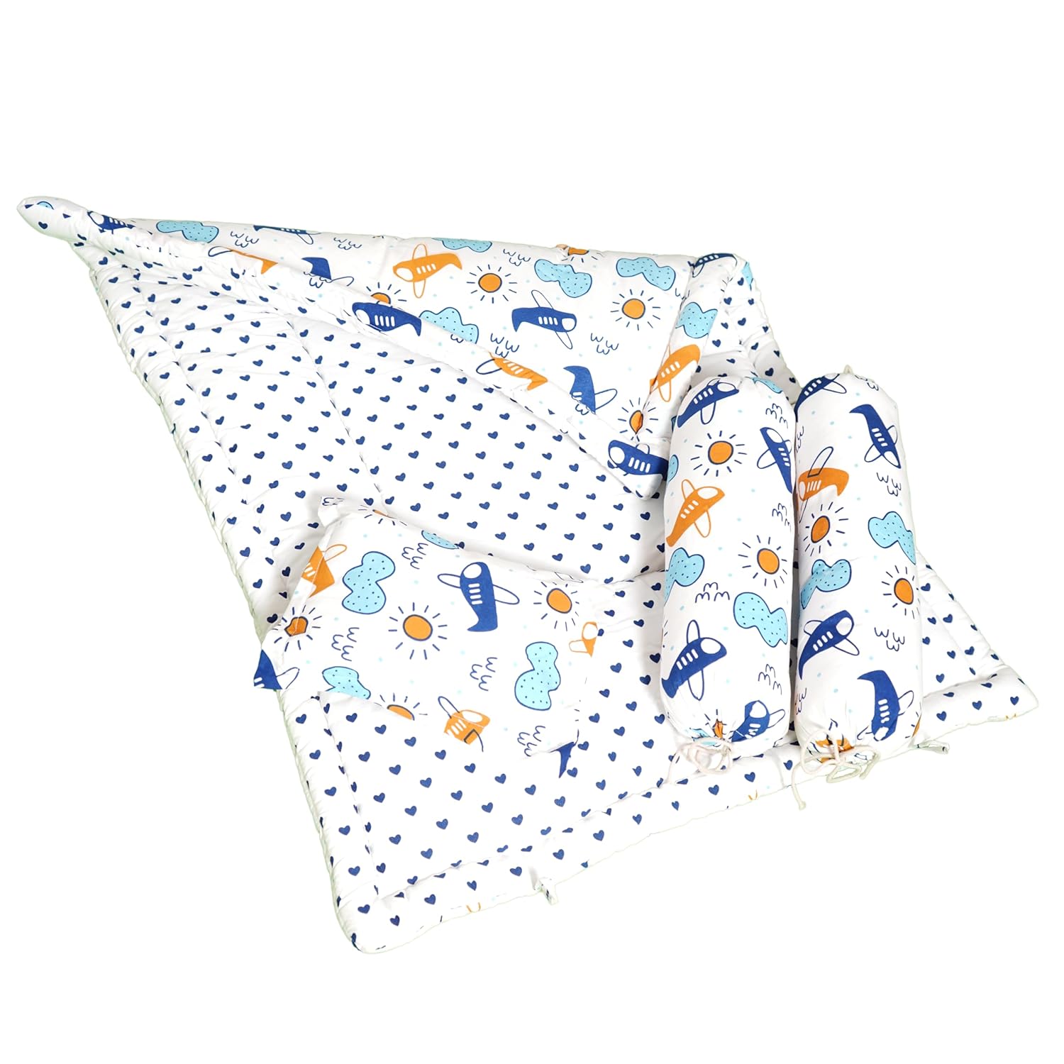 81ll-8sZUHL._SL1500_.jpg NWF 100% Cotton Baby Bedding Set ? Mattress, Sleeping Bag & Portable Bassinet (0-24 Months) | 4-Piece Pack, 26?x40?, Blue Plane & Cloud - Image 1